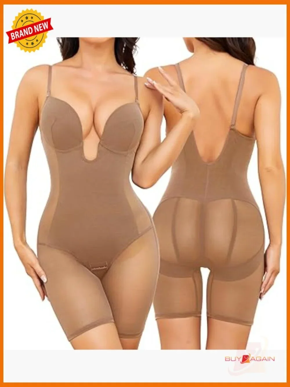 U Plunge Backless Bodysuit Tummy Control Shapewear Mid Thigh